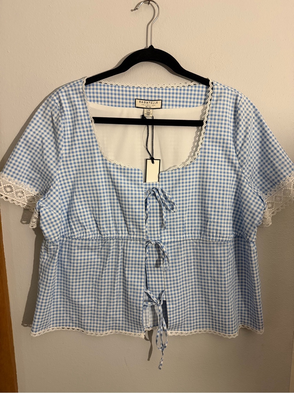 bagatelle Blue Gingham Tie-Front Peplum Blouse